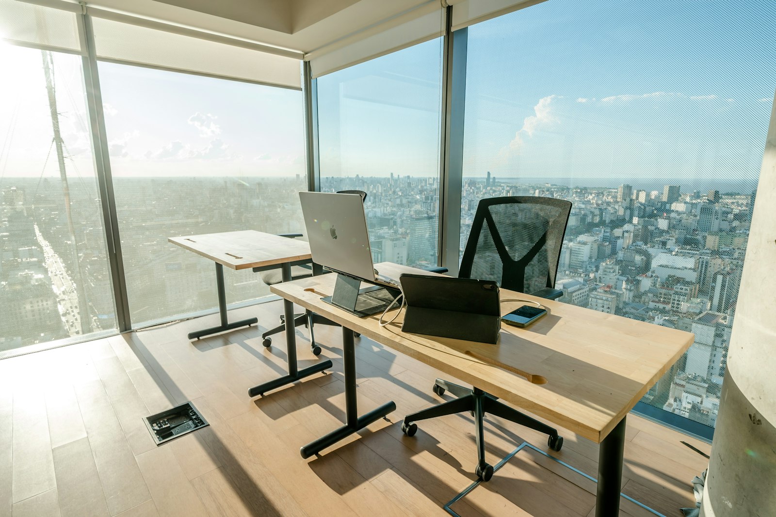 Modern office with a panoramic view of the city from a high floor